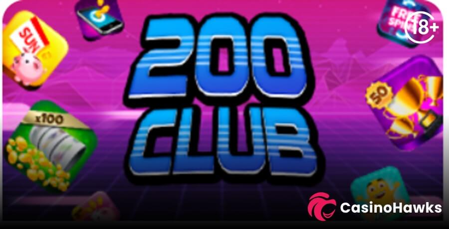 A vibrant retro synthwave-style promotional banner in pink and purple featuring large blue 3D text reading "200 CLUB". Floating around the central title are game and reward icons including Amazon vouchers, free spin badges, mobile deposit symbols, multiplier reels, and gold trophies. An 18+ age verification badge rests in the top right corner, and the Casino Hawks pink lion co-branding logo sits in the bottom right corner.
