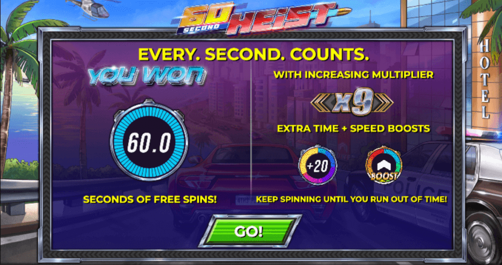 Get 60 seconds or more of free spins in the bonus round! Keep spinning until time runs out.