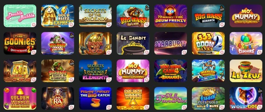 Grid of popular online slots at 666 Casino UK, featuring high-volume titles like Big Bass Splash, Starburst, Book of Dead, and Fluffy Favourites. The selection highlights modern slot mechanics including 333 Boom Banks 2 Power Combo, The Goonies Megaways Quest for Treasure, and Fishin' Frenzy The Big Catch. Other featured games include Wolf Gold, Legacy of Dead, and seasonal titles like Big Bass Christmas Bash.