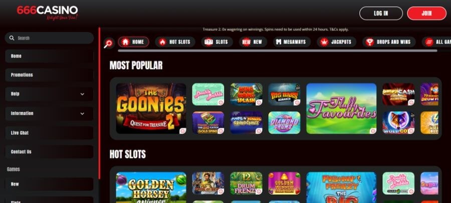 Desktop view of 666 Casino UK highlighting an extensive slots library. The navigation bar features dedicated sections for Megaways, Drops and Wins, and New games. Featured slot tiles include Fishin' Frenzy The Big Catch Gold Spins, Diamond Drums, and Golden Horsey Winner. The design emphasizes a "Redight Your Fire!" brand slogan and includes mandatory UK gambling compliance links.