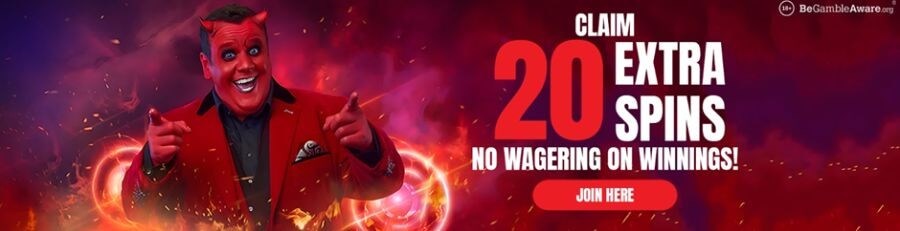 666 Casino UK welcome offer banner featuring a claim for 20 extra spins with no wagering requirements on winnings. The promotional graphic features a man in a red suit with devil horns on a fiery red and purple background. A clear "Join Here" call-to-action button is displayed alongside the mandatory 18+ and BeGambleAware.org branding for UK regulatory compliance.