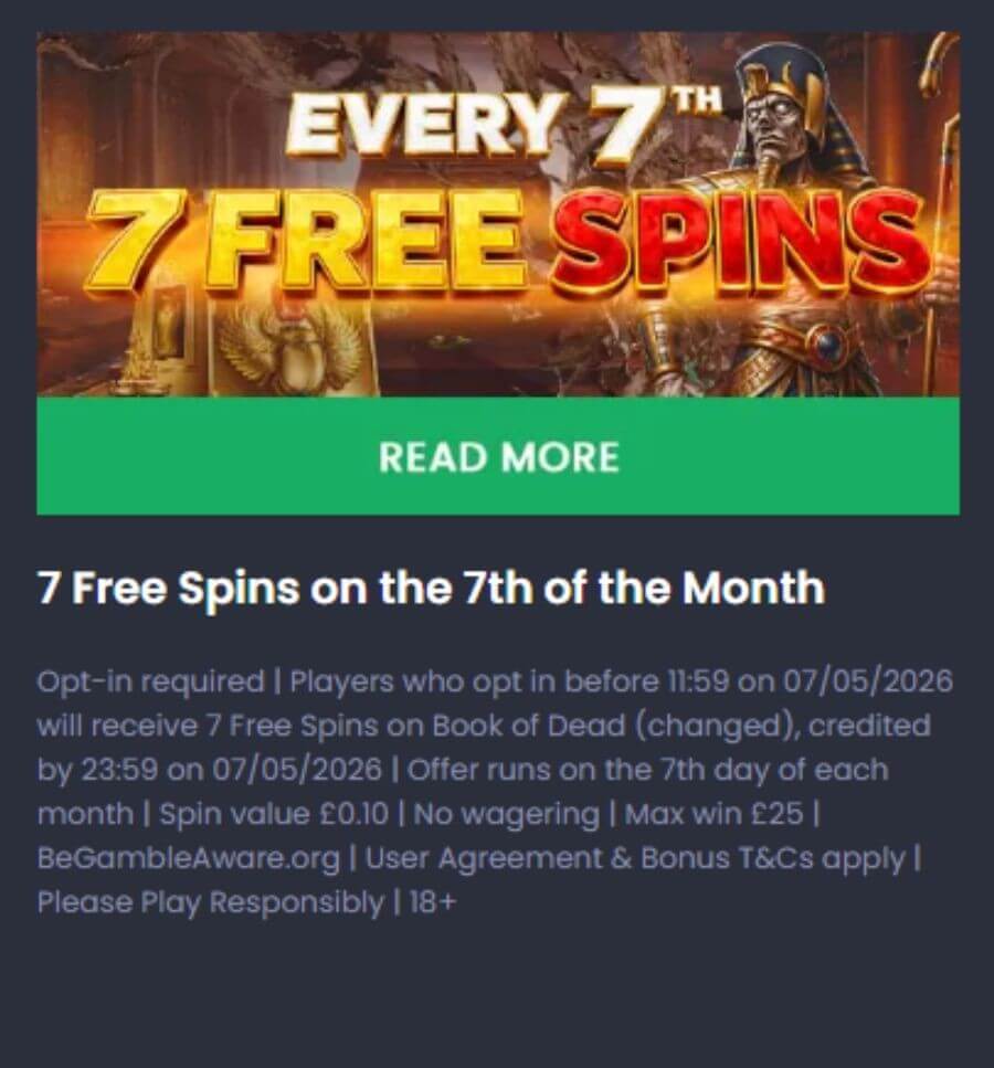 Promotional bonus banner from 7Bet Casino displaying an ancient Egyptian pharaoh theme with the text "Every 7th, 7 Free Spins". Below the graphic, a promotional headline reads "7 Free Spins on the 7th of the Month" over explicit terms detailing a no-wagering offer on the Book of Dead slot game. This targets high-intent UK user queries for "7Bet casino review," "Book of Dead no wagering free spins," and "best monthly casino promotions UK."