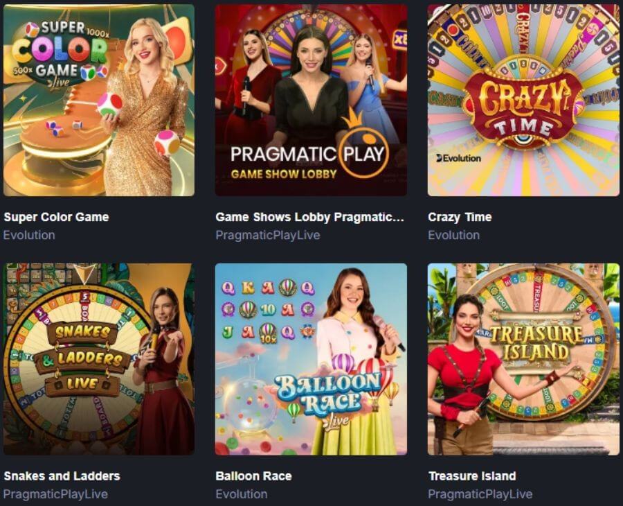 A six-tile live casino game selection lobby on the 7Bet platform. Featured game cards include Super Color Game by Evolution, Game Shows Lobby Pragmatic Play, Crazy Time, Snakes and Laddders Live, Balloon Race Live, and Treasure Island. This targets UK search intent for "7Bet review," "play Crazy Time live online," and "best Pragmatic Play game shows."