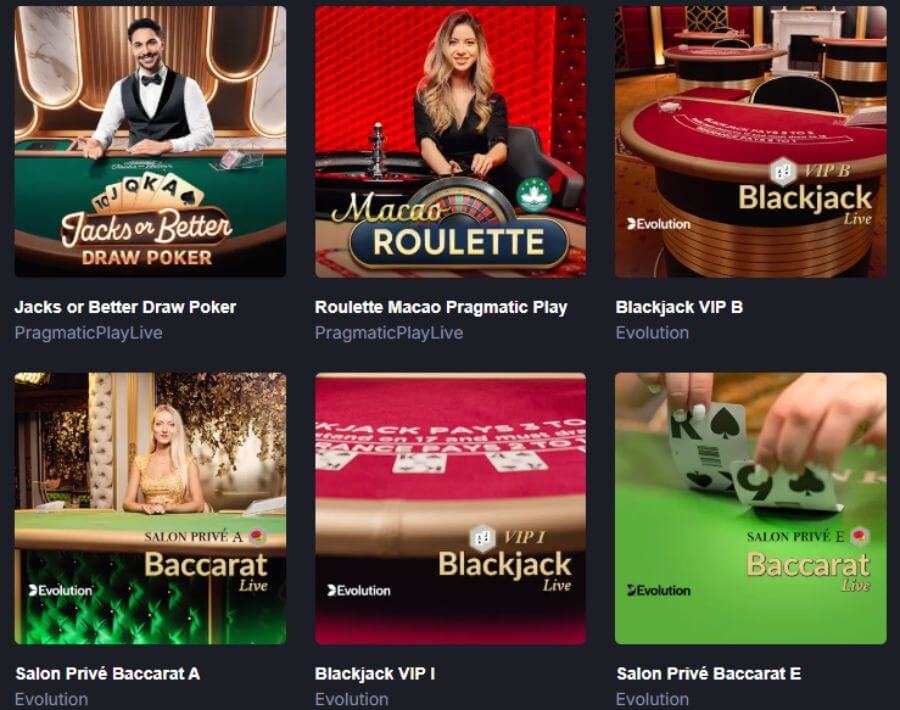 An array of premium live dealer table game cards on the 7Bet Casino platform. Featured titles include Jacks or Better Draw Poker by Pragmatic Play Live, Roulette Macao, Blackjack VIP B by Evolution, Salon Privé Baccarat A, Blackjack VIP I, and Salon Privé Baccarat E. This targets commercial search queries for "7Bet live casino review," "play Evolution Salon Prive online UK," and "best VIP live blackjack tables."