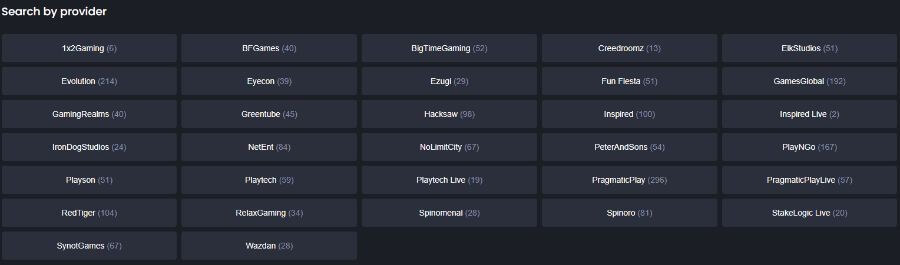 Search by provider directory grid on the 7Bet Casino platform. The dark interface lists interactive database query modules for prominent igaming developers including Pragmatic Play (296), Evolution (214), GamesGlobal (192), PlayNGO (167), Red Tiger (104), Inspired (100), Hacksaw (98), and NetEnt (84). This targets UK user search intent for "7Bet slot providers," "best Pragmatic Play casinos UK," and "play NetEnt slots online."
