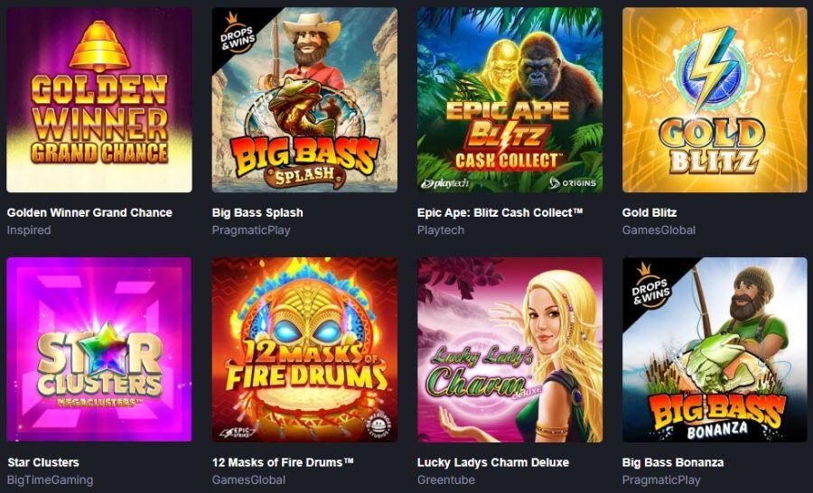 An eight-tile real money slot game selection grid on the 7Bet Casino platform. Featured game thumbnails include Big Bass Splash, Sugar Rush, Fluffy Favourites, Gates of Olympus, Chilli Heat, Gears of Horus, Big Bass Bonanza, and Sweet Bonanza. This targets UK search intent for "7Bet casino review," "play Big Bass Splash online," and "best Pragmatic Play slots UK."