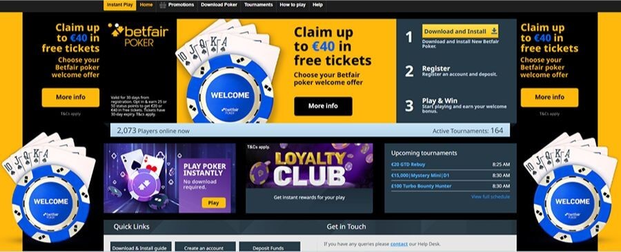Betfair Poker UK welcome offer portal: Claim up to €40 in free tickets. The interface shows a three-step guide: Download and Install, Register, and Play & Win. Features include the Betfair Poker Loyalty Club, upcoming tournaments like Mystery Mini and Turbo Bounty Hunter, and an "Instant Play" no-download required option. Total players online and active tournament counts are displayed.