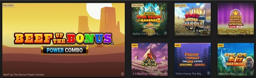 Grid of top online slots at Betfair UK, featuring Beef Up The Bonus Power Combo, Betfair Even Bigger Bananas 2, and Rumble Riches Haulin' Gold. The selection includes popular titles like Golden Winner Grand Chance, 3 Scarabs of Fortune, Fishin' Frenzy The Big Catch Gold Spins, and Epic Ape Blitz Cash Collect. Tiles are marked as "Exclusive" or "New" for UK players.