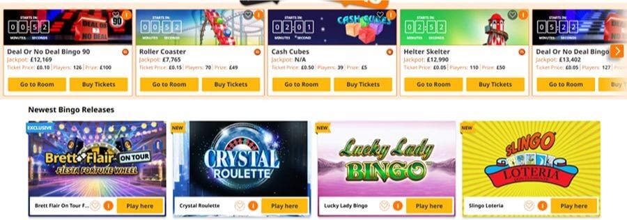 Betfair Bingo UK lobby interface featuring popular rooms: Deal Or No Deal Bingo 90, Roller Coaster, Cash Cubes, and Helter Skelter. The display shows live player counts, ticket prices from £0.05, and jackpots exceeding £13,000. The "Newest Bingo Releases" section features Brett Flair On Tour Fiesta Fortune Wheel, Crystal Roulette, Lucky Lady Bingo, and Slingo Loteria.