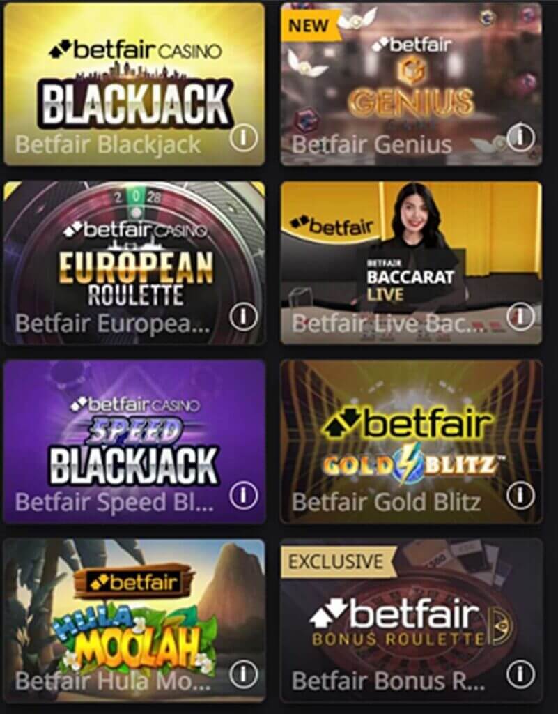 Grid of exclusive Betfair UK casino games featuring Betfair Blackjack, Betfair European Roulette, Betfair Speed Blackjack, and Hula Moolah. The selection also includes new and exclusive titles like Betfair Genius, Betfair Live Baccarat, Betfair Gold Blitz, and Betfair Bonus Roulette. Each game thumbnail features Betfair branding and professional dealers for live sessions.
