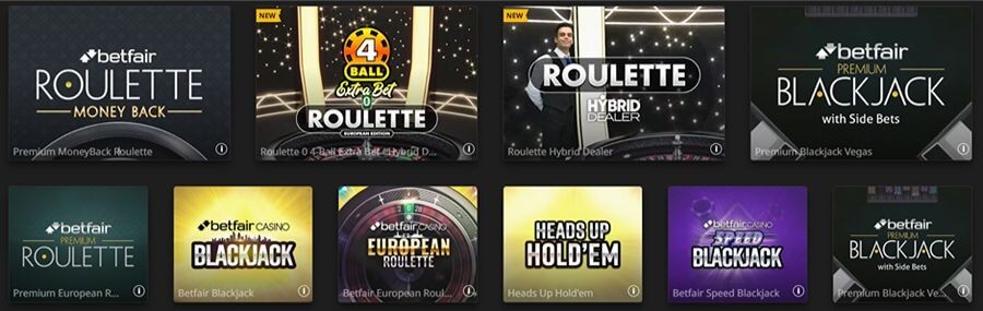Selection of exclusive Betfair UK casino table games including Premium MoneyBack Roulette, Roulette 0 4 Ball Extra Bet, Roulette Hybrid Dealer, and Premium Blackjack with Side Bets. The bottom row showcases Betfair Premium European Roulette, Heads Up Hold'em, and Betfair Speed Blackjack. Branded game tiles are set on a dark professional background.