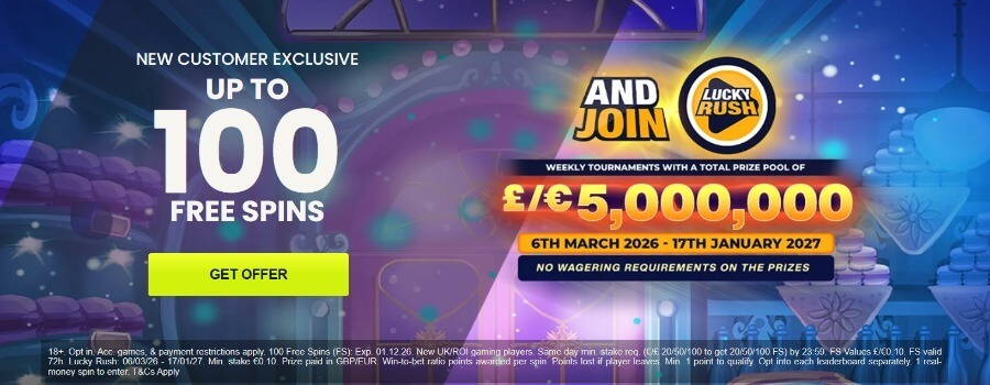 BoyleSports Casino promotional welcome banner set against a whimsical, glowing purple storefront decorated with stacked macaroons and pastries. On the left side, bold white typography advertises a "NEW CUSTOMER EXCLUSIVE" offer of "UP TO 100 FREE SPINS" above a bright neon yellow "GET OFFER" button. The right side features a badge reading "AND JOIN LUCKY RUSH" highlighting "WEEKLY TOURNAMENTS WITH A TOTAL PRIZE POOL OF £/€5,000,000" running from 6th March 2026 to 17th January 2027. A dark banner below explicitly highlights "NO WAGERING REQUIREMENTS ON THE PRIZES". Full regulatory 18+ T&Cs for UK and ROI players overlay the bottom footer.