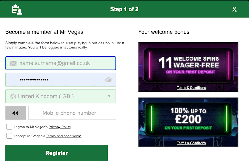 Mr Vegas account registration