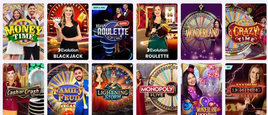 Screenshot of Casushi UK live casino game shows section featuring various live dealer titles and categories