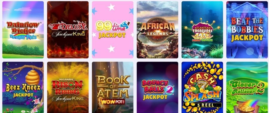 Screenshot of the Casushi UK jackpot games section showing progressive jackpot slots and current prize totals.