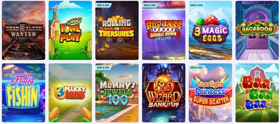 Screenshot of Casushi UK online slots lobby showing various slot game thumbnails and categories