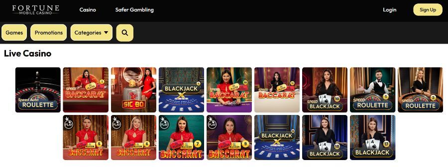 Fortune Mobile Casino UK Live Casino Lobby