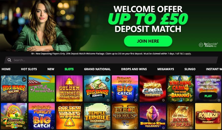 Ivy Casino UK welcome offer featuring a £50 deposit match and a selection of popular slots like Big Bass Splash and Fluffy Favourites