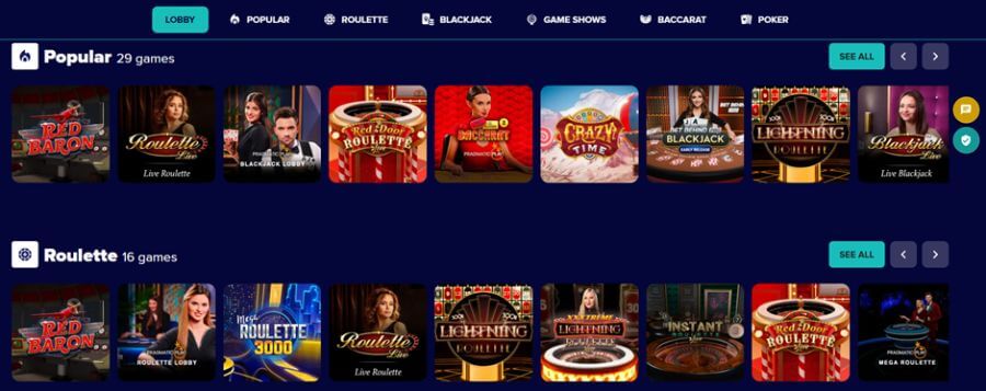 Karamba UK live casino lobby