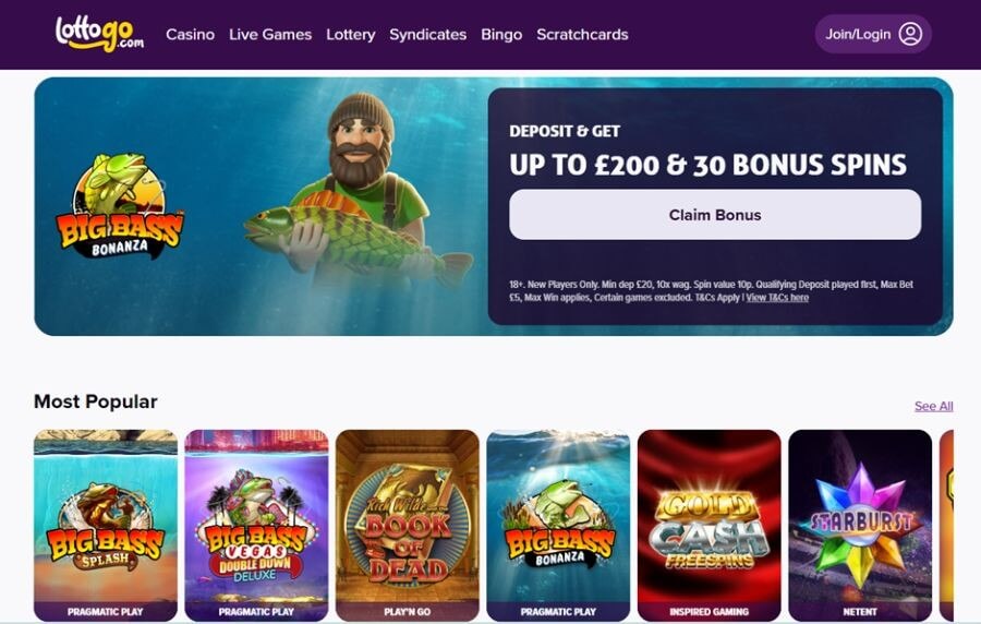 LottoGo UK casino homepage