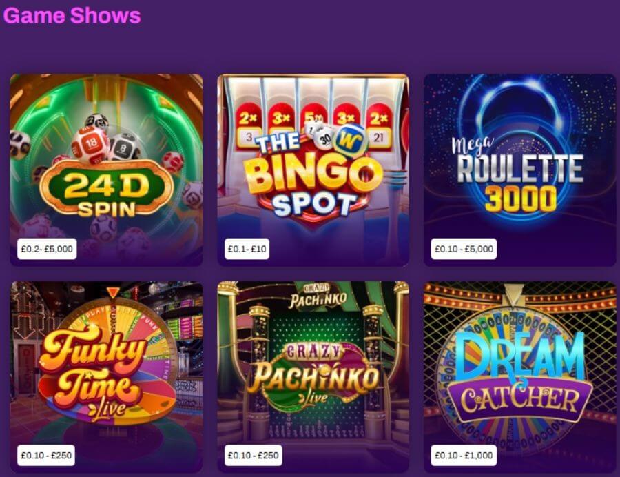 Lucky Pants Bingo live casino lobby showcasing a grid of six interactive game shows. Featured game tiles include 24D Spin, The Bingo Spot, Mega Roulette 3000, Funky Time Live, Crazy Pachinko Live, and Dream Catcher. This targets search intent for "Lucky Pants Bingo live dealer reviews," "play Crazy Pachinko online UK," and "best live casino game shows."