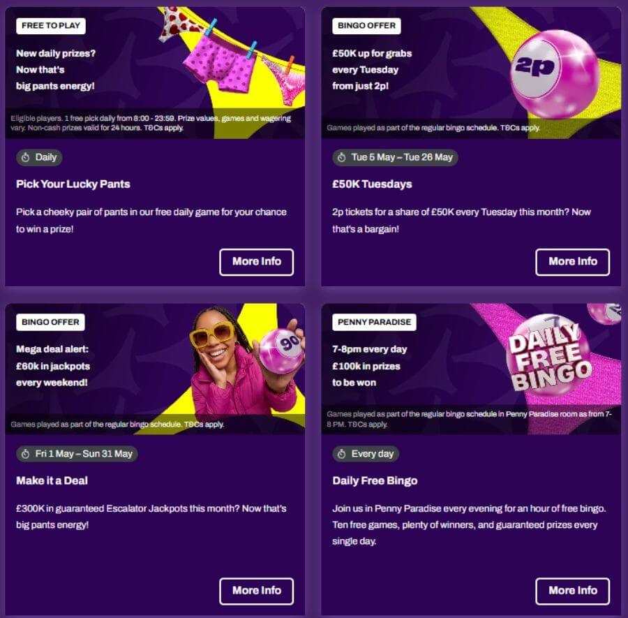 Lucky Pants Bingo promotions page displaying a dark purple grid of four seasonal player incentives. Featured deals include the free daily game Pick Your Lucky Pants, the £50K Tuesdays room, the weekend Make it a Deal escalator jackpot banner, and the Daily Free Bingo promotional tile in the Penny Paradise room. This targets search terms for "Lucky Pants Bingo bonus codes," "best daily free bingo games UK," and "penny bingo sites."