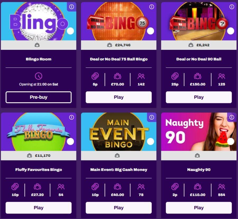 Active online bingo rooms grid on the Lucky Pants Bingo platform. Featured game cards include Blingo Room, Deal or No Deal 75 Ball Bingo, Deal or No Deal 90 Ball, Fluffy Favourites Bingo, Main Event: Big Cash Money, and Naughty 90. This targets commercial search intent for "Lucky Pants Bingo rooms," "play Deal or No Deal bingo online," and "best 90-ball bingo sites UK."
