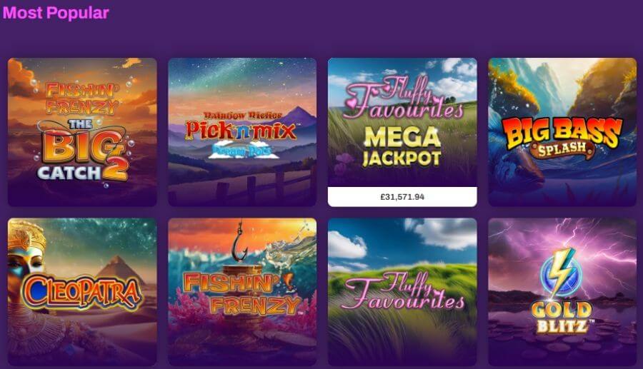 A grid of popular real money video slots on the Lucky Pants Bingo platform. Featured titles include Fishin' Frenzy The Big Catch 2, Rainbow Riches Pick 'n' Mix, Fluffy Favourites Mega Jackpot, Big Bass Splash, Cleopatra, Fishin' Frenzy, and Gold Blitz. This targets commercial search intent for "Lucky Pants Bingo slots," "best Eyecon jackpot games UK," and "play Fishin Frenzy online."