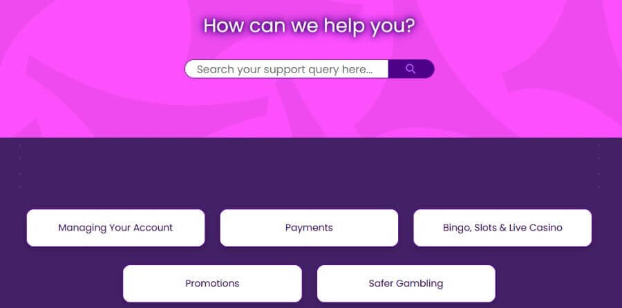 Lucky Pants Bingo customer support center and help query interface. The top pink header features a "How can we help you?" greeting with an active support search bar. Below, five white navigation buttons offer direct help links for Managing Your Account, Payments, Bingo, Slots & Live Casino, Promotions, and Safer Gambling. This targets UK user queries for "Lucky Pants Bingo contact support," "Lucky Pants Bingo withdrawal help," and "safe online bingo sites."