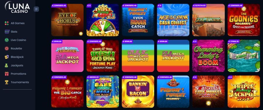 Luna Casino Jackpot Slots Lobby UK