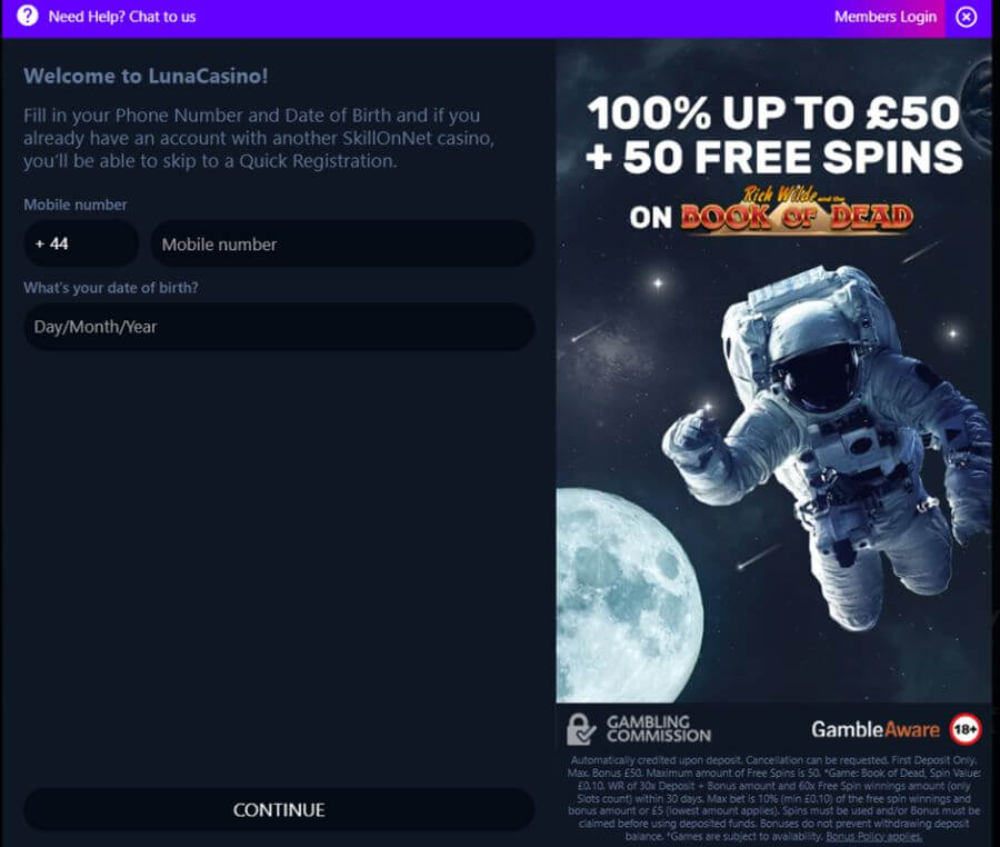 Luna Casino Registration Screen UK