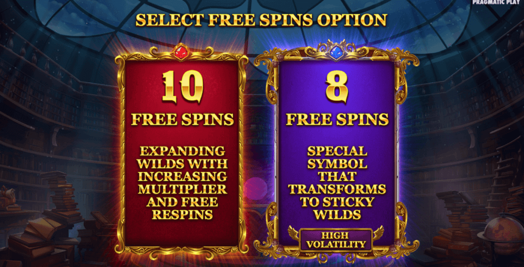 Free Spins Bonus Round in Magician's Secrets online slot, 10 free spins with expanding wilds, 8 free spins with sticky wilds