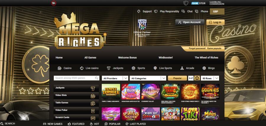 Mega Riches UK casino homepage