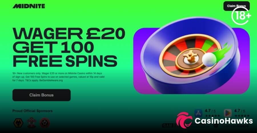 Midnite Casino promotional welcome offer banner featuring a bright neon green background. The bold black text reads "WAGER £20 GET 100 FREE SPINS" next to a prominent 3D graphic of a blue roulette wheel with a spinning white ball trailing green flames. The left side includes full UK regulatory T&C text outlining an 18+ new customer promotion with a 14-day validity and 10p spin value above a black "Claim Bonus" button. Football club sponsor logos for Wolves, Southampton, and Brentford are displayed at the bottom, alongside UK trust badges for GAMSTOP, the Gambling Commission, BeGambleAware, and 4.7-star mobile app store ratings. A pink and white "CasinoHawks" affiliate watermark logo sits in the bottom right corner.