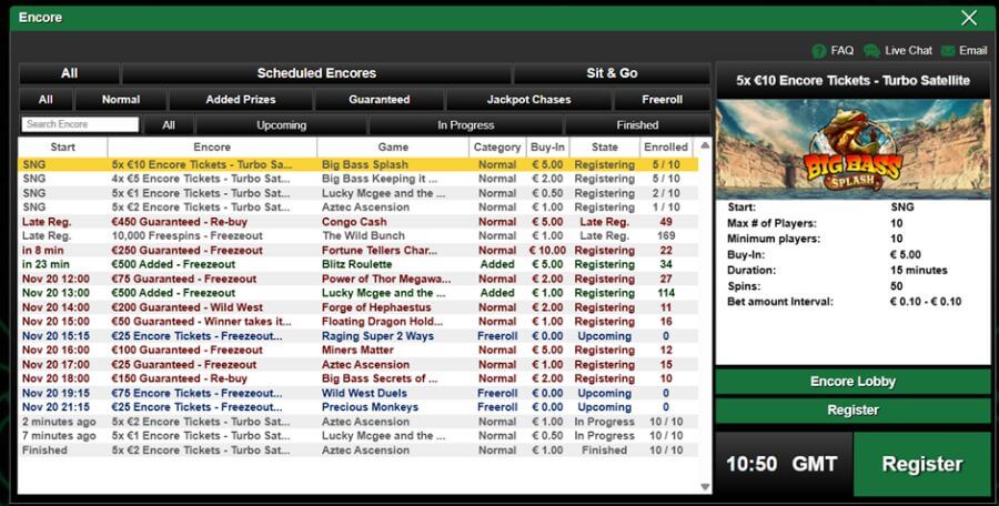 Mr Vegas UK Encoure Tournaments