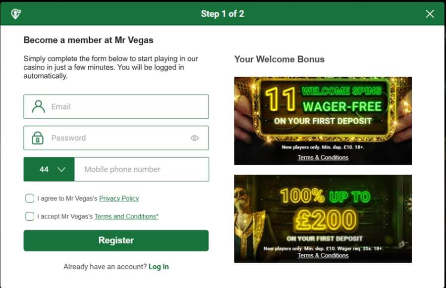 Mr Vegas UK sign up page