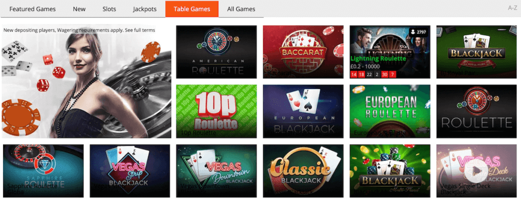MrMega online casino site table games roulette blackjack baccarat and more.