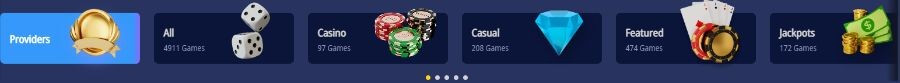 Navigation and game filtering header bar on the Mr Slot Casino desktop platform against a deep blue background. The horizontal layout features structured category selection buttons with illustrative icons: Providers with a gold shield, All (4911 Games) with dice, Casino (97 Games) with roulette chips, Casual (208 Games) with a blue diamond, Featured (474 Games) with playing cards, and Jackpots (172 Games) with gold coins. This targets commercial search intent for "Mr Slot game providers," "best online jackpot slots UK," and "play casual casino games online."