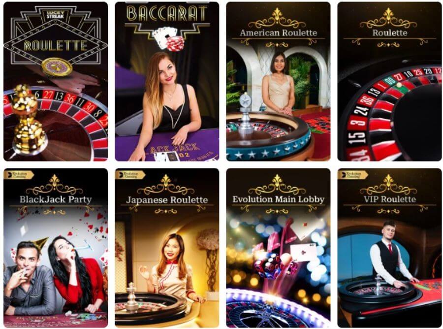 An eight-tile live casino game selection lobby on the Mr Slot platform. Featured game cards include LuckyStreak Roulette, Baccarat, American Roulette, classic Roulette, BlackJack Party, Japanese Roulette, Evolution Main Lobby, and VIP Roulette. This targets UK search intent for "Mr Slot live casino review," "play Evolution live blackjack online," and "best live dealer roulette sites UK."