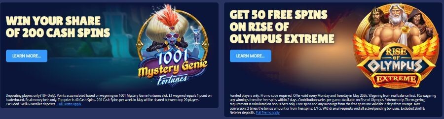 Promotional bonus banners from Mr Slot Casino featuring two active offers. The first tile promotes a leaderboard campaign reading "Win your share of 200 Cash Spins" on Play'n GO's 1001 Mystery Genie Fortunes slot game. The second tile displays a welcome offer reading "Get 50 Free Spins on Rise of Olympus Extreme" with a classic Greek mythology Zeus graphic. This targets high-intent queries for "Mr Slot bonus codes UK," "Rise of Olympus Extreme free spins," and "no wagering cash spins promotions."