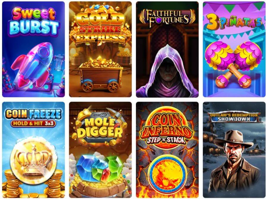 An eight-tile real money slot game selection menu on the Mr Slot Casino platform. Featured title cards include Sweet Burst, Gold Strike Express, Faithful Fortunes, 3 Piñatas, Coin Freeze Hold & Hit 3x3, Mole Digger, Coin Inferno Step 'N' Stack, and Outlaw's Redemption Showdown. This targets high-intent search terms for "Mr Slot online slots UK," "best new mobile video slots," and "play Coin Freeze slot online."