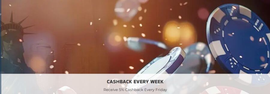 Promotional banner for NYSpins Casino highlighting the weekly player bonus offer. The graphic displays a warm orange and brown blurred background featuring a subtle silhouette of the Statue of Liberty on the left, with large blue and purple poker chips falling through the air alongside glowing light bokeh and floating sparks. A white horizontal footer banner reads: "CASHBACK EVERY WEEK - Receive 5% Cashback Every Friday".