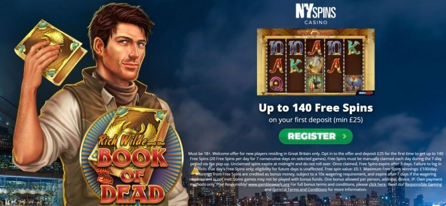 NYSpins Casino first deposit welcome bonus banner featuring the prominent headline "Up to 140 Free Spins on your first deposit (min £25)" set against a dark blue night-sky background. The left side showcases a large character illustration of explorer Rich Wilde holding a golden ancient tomb book next to the official game logo for "Rich Wilde and the Book of Dead". On the right, a smaller graphic displays an active 5x3 slot reel matrix featuring Egyptian symbols, alongside a bright green "REGISTER" call-to-action button.