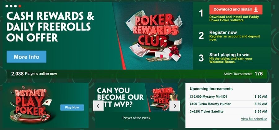 Paddy Power Poker UK dashboard showing cash rewards and daily freerolls. The banner includes a 3-step guide: 1. Download and install poker software, 2. Register and deposit, 3. Play for a welcome bonus. Also displays live stats with over 2,000 players online and an upcoming tournament schedule featuring Mystery Mini and Turbo Bounty Hunter events.