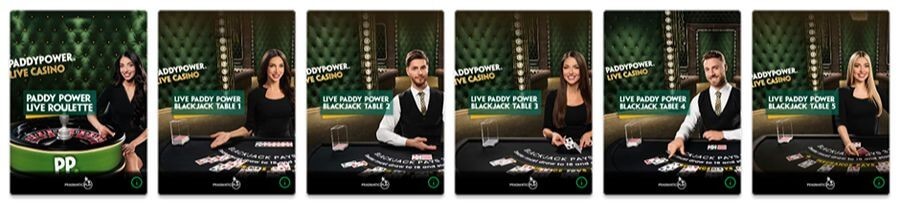 Selection of Paddy Power Live Casino exclusive tables including Paddy Power Live Roulette and five Live Paddy Power Blackjack tables (Tables 1 through 5). The thumbnails feature live dealers at branded green felt tables, powered by Pragmatic Play. Each game is hosted in a premium studio setting with quilted green wall backdrops.