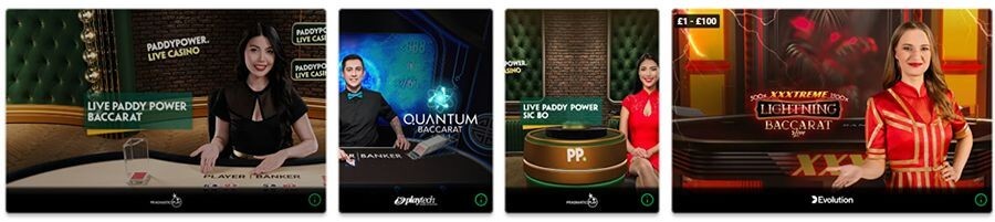 Paddy Power UK live casino lobby featuring multiple baccarat and dice games. Thumbnails show Live Paddy Power Baccarat (Pragmatic Play), Quantum Baccarat (Playtech), Live Paddy Power Sic Bo (Pragmatic Play), and XXXtreme Lightning Baccarat (Evolution). Professional live dealers are shown at branded tables with various betting limits displayed, such as £1 - £100.