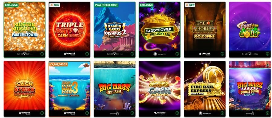 Grid of popular online slots at Paddy Power UK, featuring top titles: Mister Moolah, Triple Action Cash Strike, Raging Gods Olympus 2, and Eye of Horus The Golden Tablet Gold Spins. The selection includes Big Bass Splash, Fishin' Frenzy Even Bigger Fish, and Big Bass Vegas Double Down Deluxe. Displays branding for Blueprint Gaming, Games Global, Pragmatic Play, and Inspired Gaming.