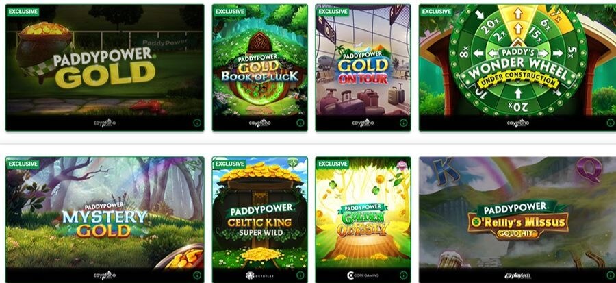 A grid of exclusive Paddy Power UK online slots including Paddy Power Gold, Gold Book of Luck, Gold on Tour, and Paddy's Wonder Wheel. Bottom row features Paddy Power Mystery Gold, Celtic King Super Wild, Golden Odyssey, and O'Reilly's Missus Gold Hit. Display includes branding for game providers Cayetano, Red Tiger, Core Gaming, and Playtech.