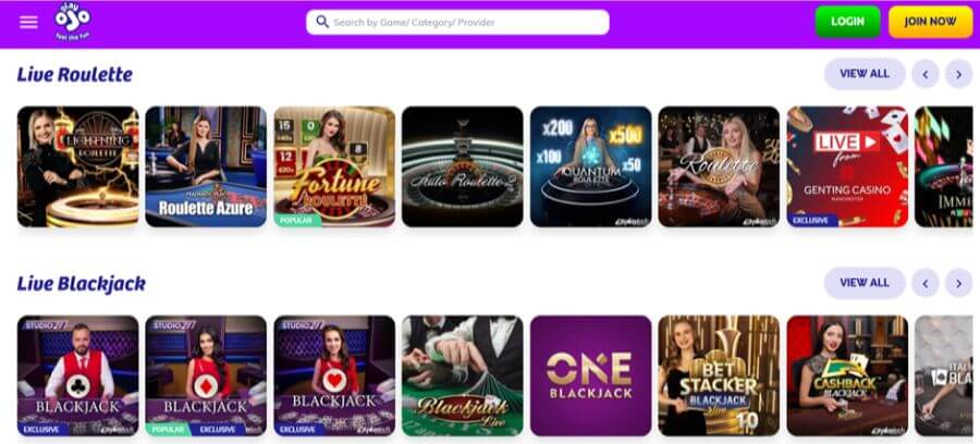 PlayOjo UK Live Casino