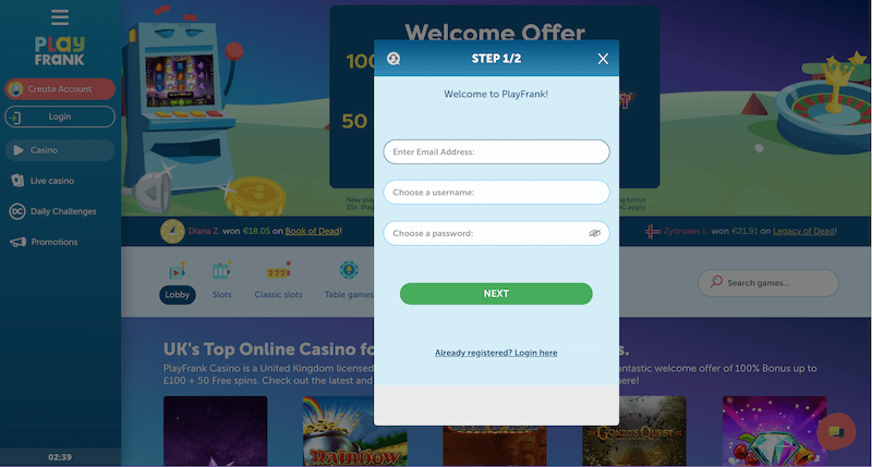 Easy Registration in a Two Step Process at PlayFrank Casino